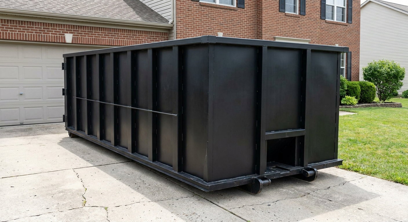 Matte-black 20-yard roll-off container on a Fargo residential concrete driveway with reinforced ribbed steel sidewalls and a hinged rear walk-in door, clean bright daylight.