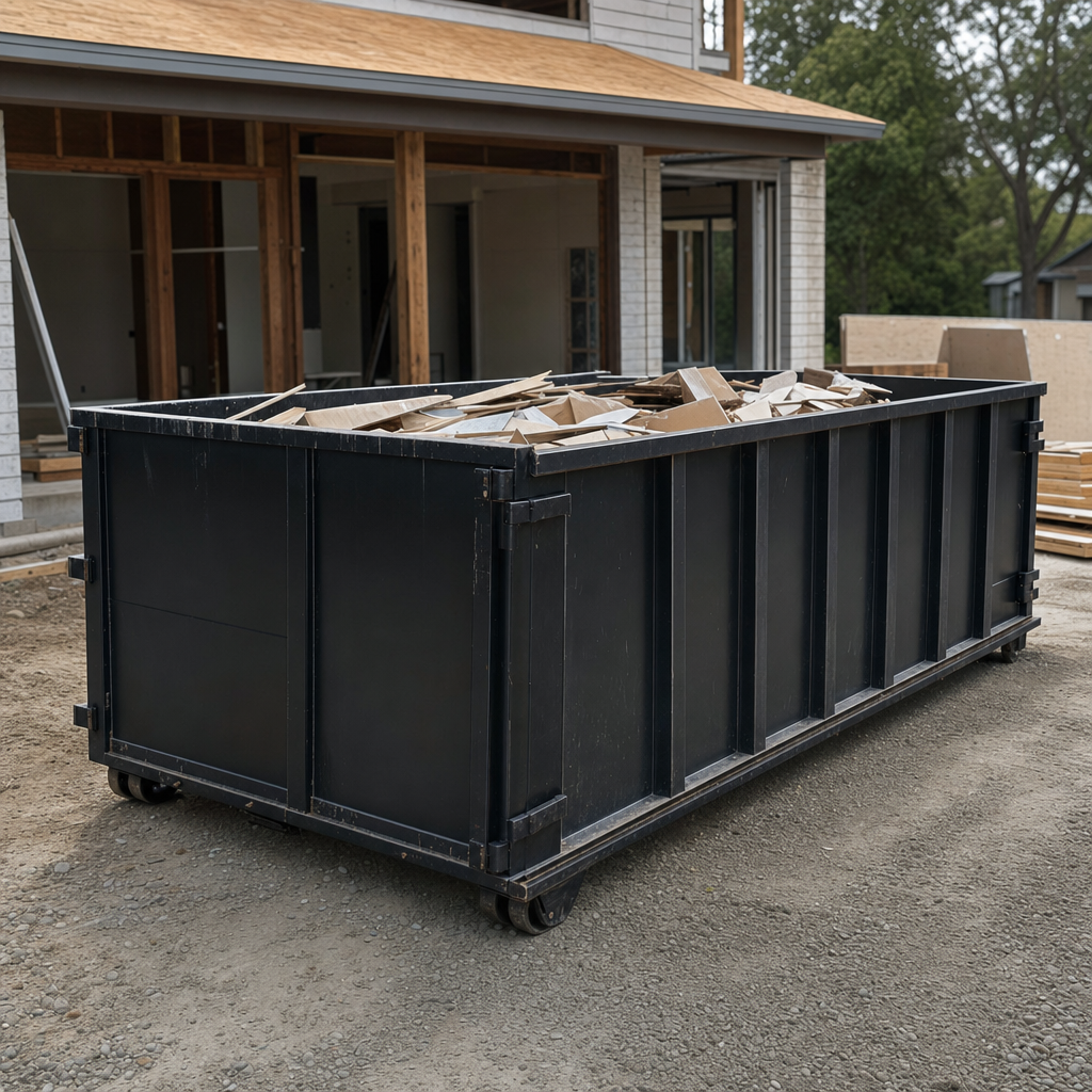 Large matte-black 30-yard construction roll-off dumpster at an active Fargo jobsite, steel-gray top rails and bottom rollers visible, loaded with construction debris.