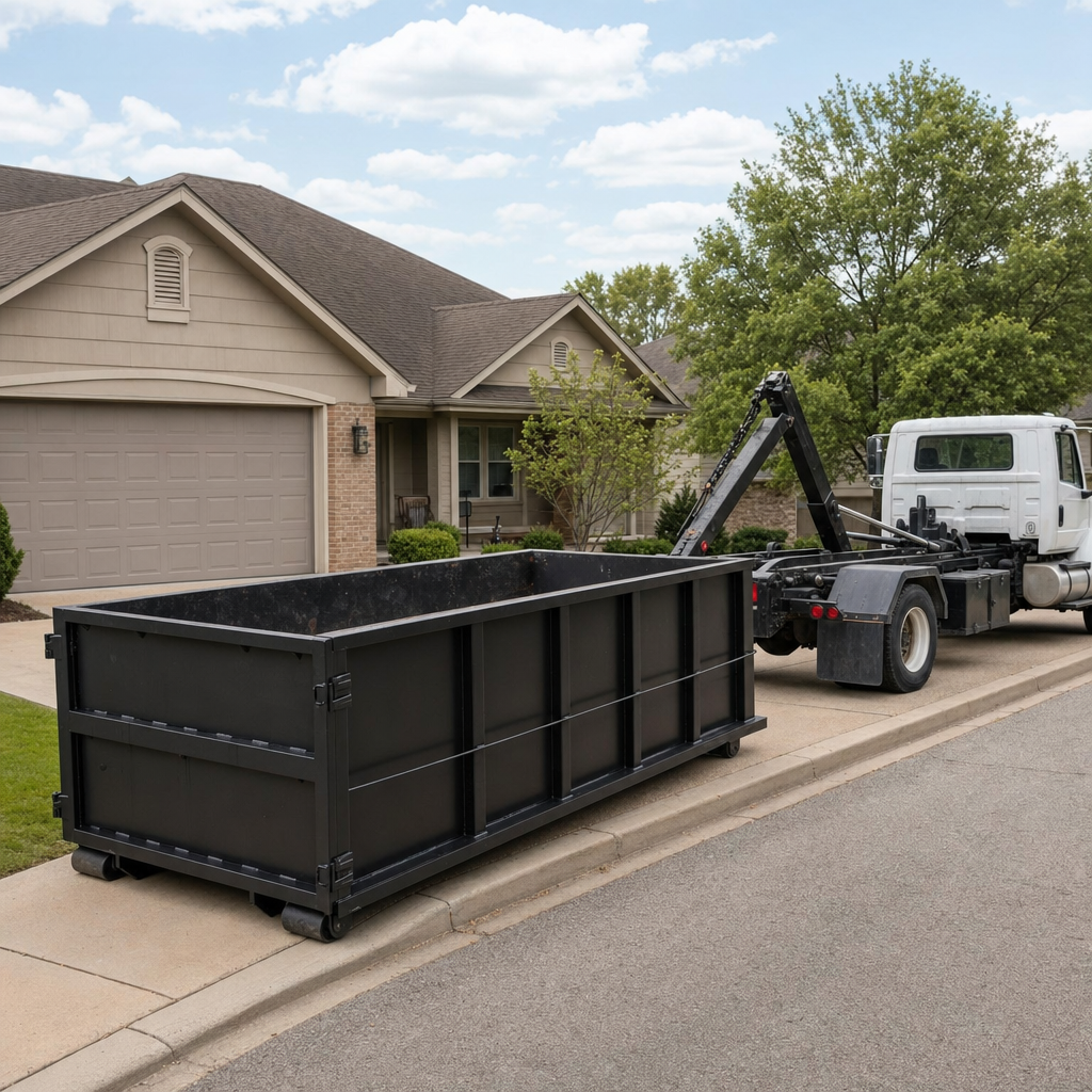 Wide documentary shot of a matte-black roll-off dumpster on a Fargo residential driveway in the foreground and a contractor jobsite container in the soft-focus background, bright daylight, calm and orderly composition.