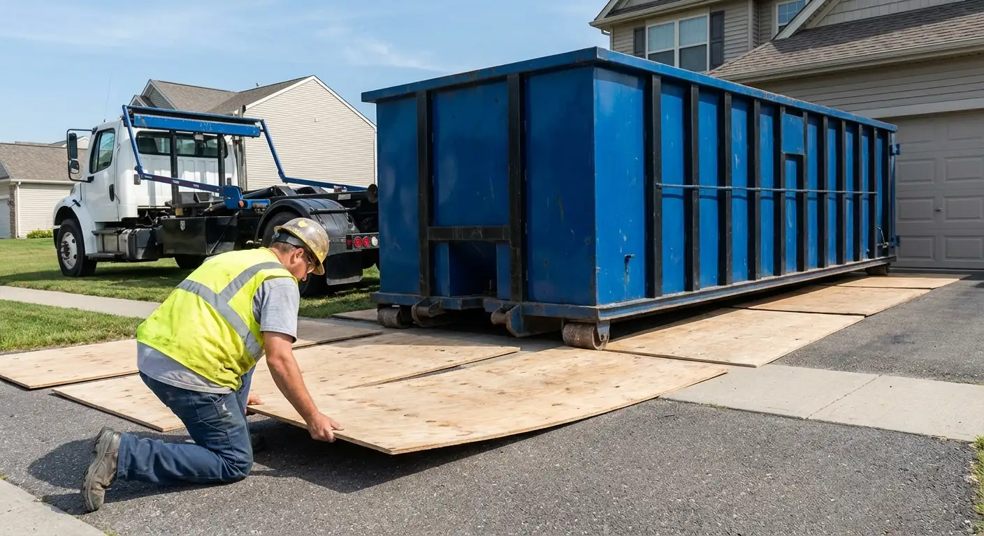 Driveway protection and delivery preparation for dumpster rental in Fargo, ND