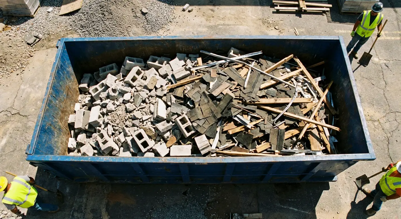 Roll-off dumpster loaded with construction debris in Fargo, ND