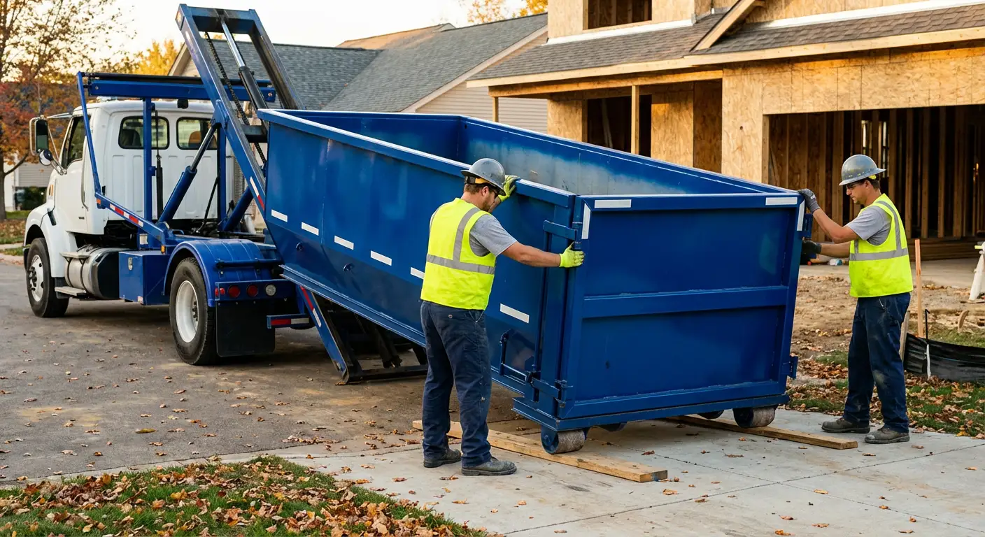 Roll-off dumpster delivery truck in residential area in Fargo, ND