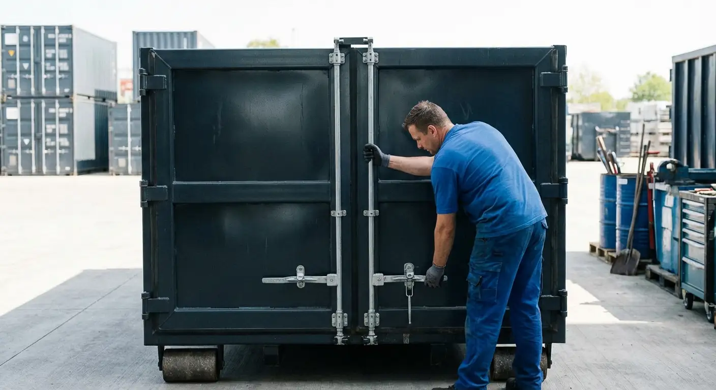 Dumpster walk-in loading door open showing easy access in Fargo, ND